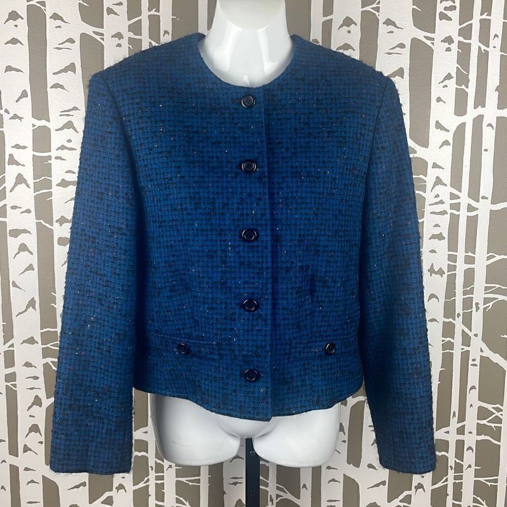 Pendleton 100% Virgin Wool Boucle Textured Plaid Cropped Blazer 10 Blue, Black,